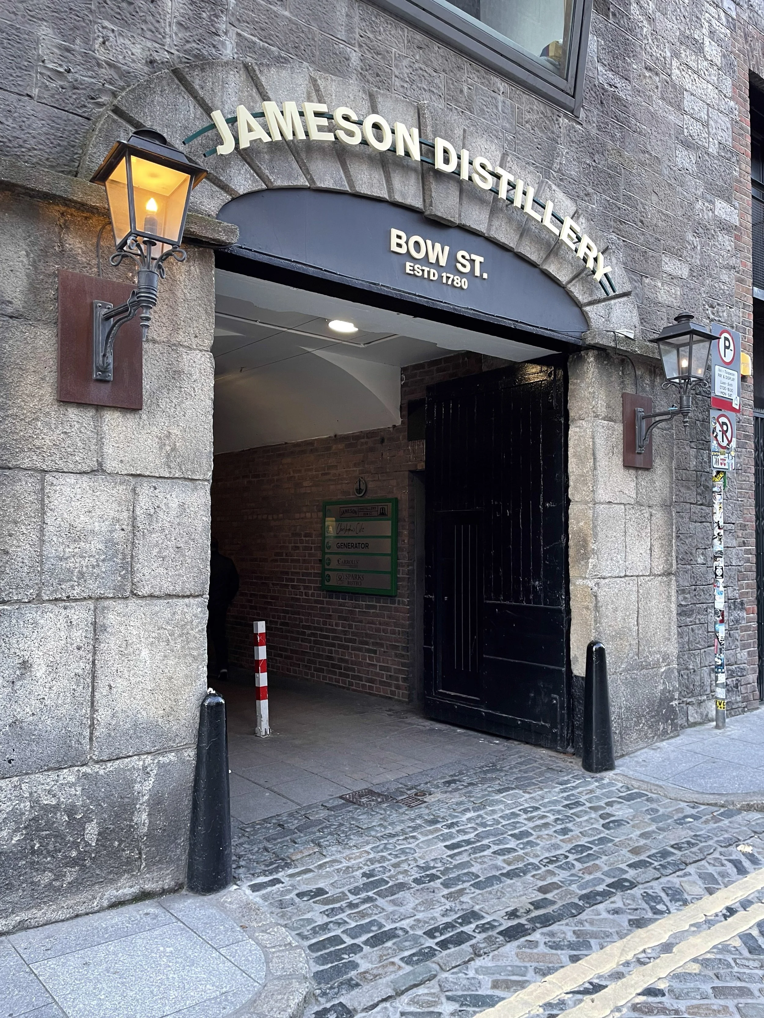 The stone arch entrance of Jameson Distillery, Bow Street.