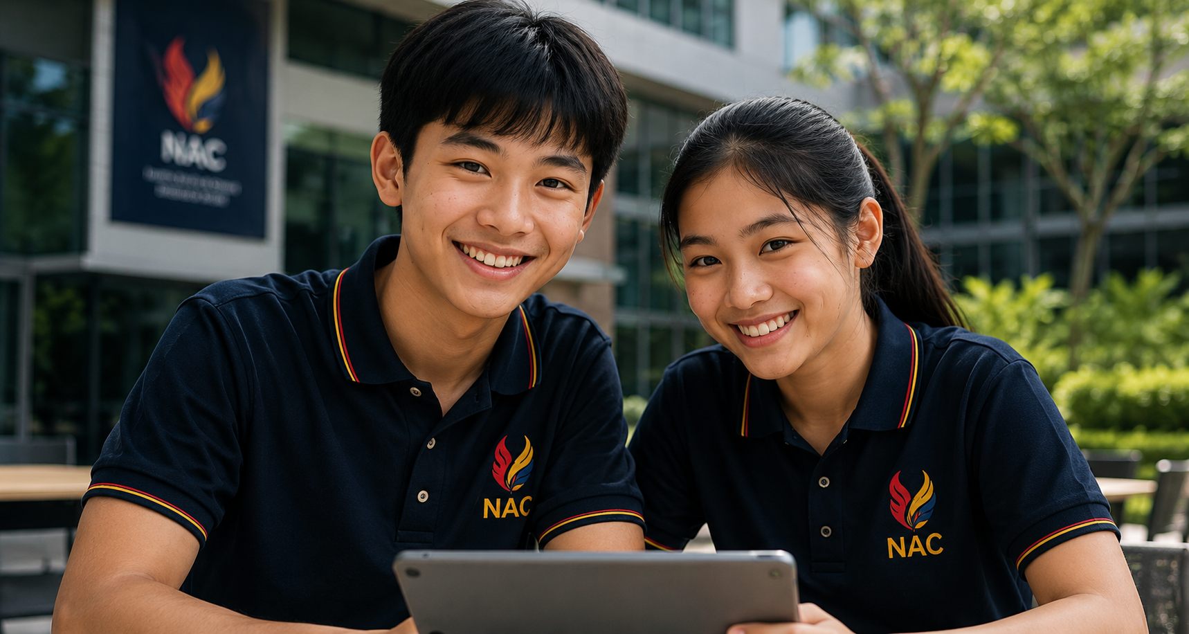 Two NAC students smiling together in the library