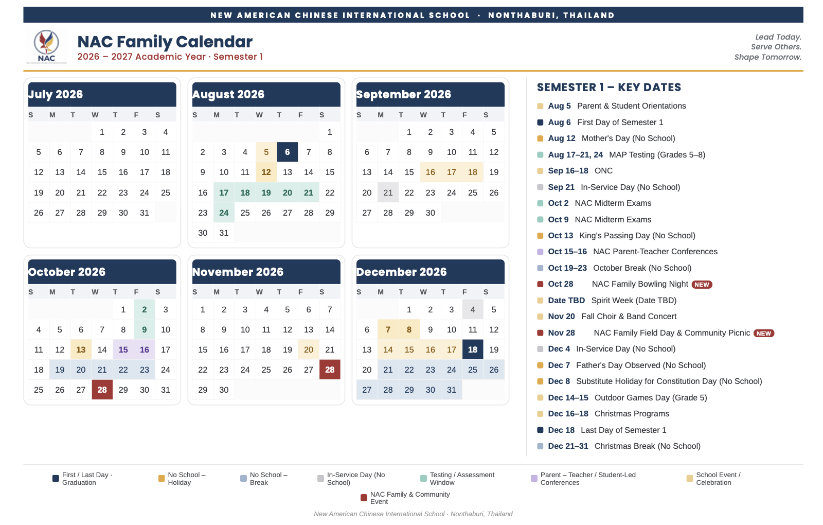 NAC Semester 1 academic calendar