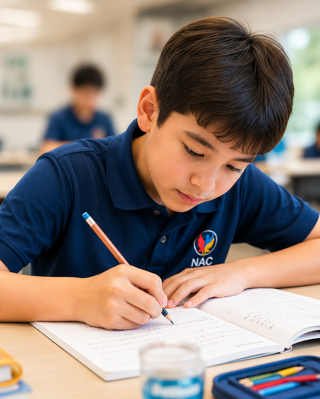 NAC student writing carefully in a notebook