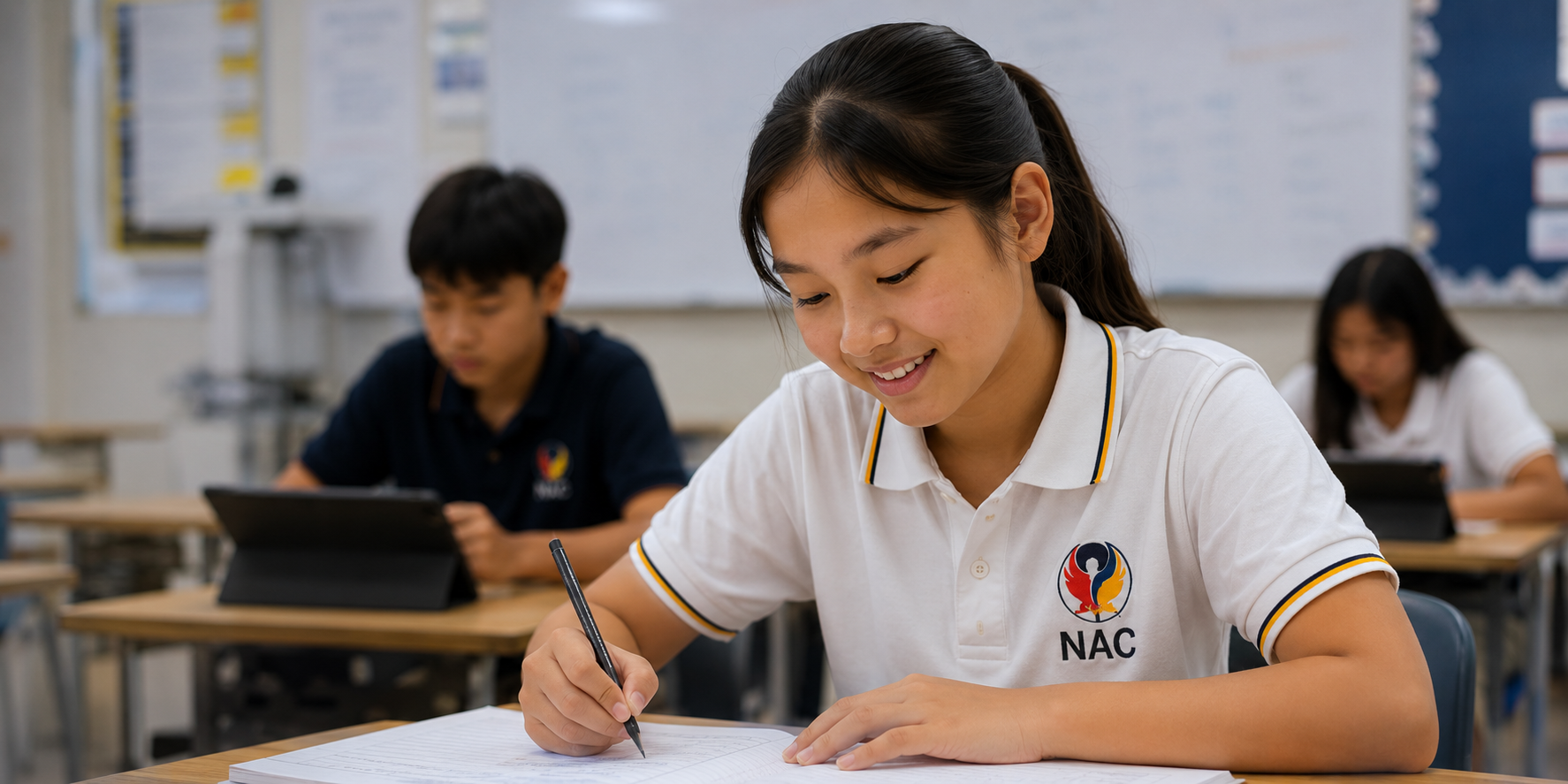 NAC student writing in a notebook in class