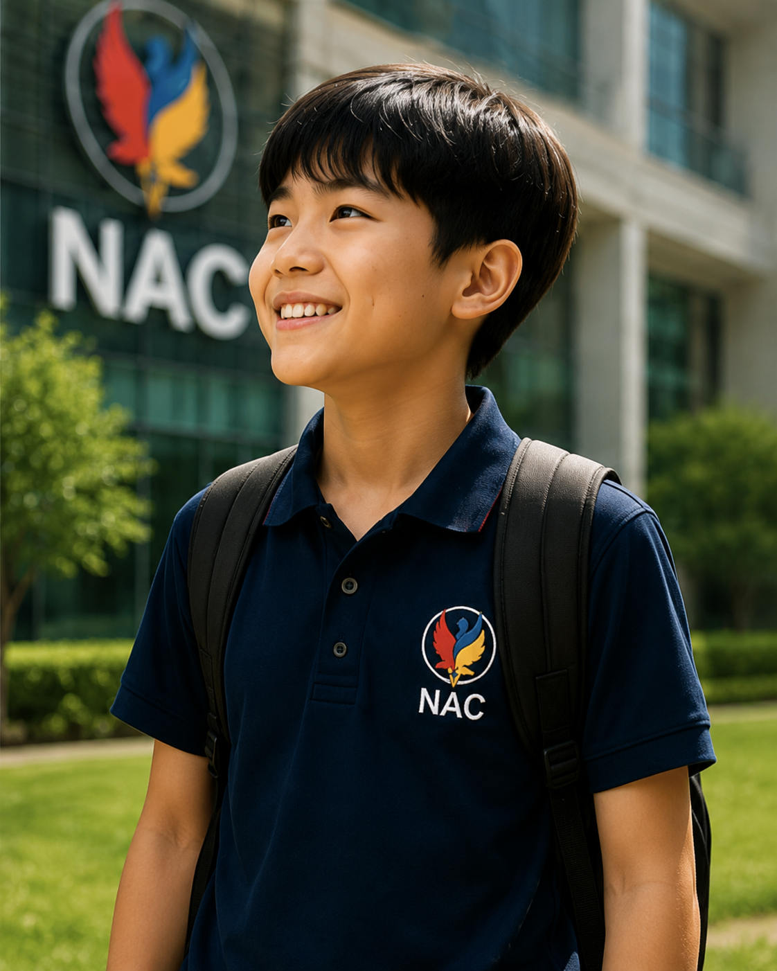 NAC student walking into school with a backpack, smiling