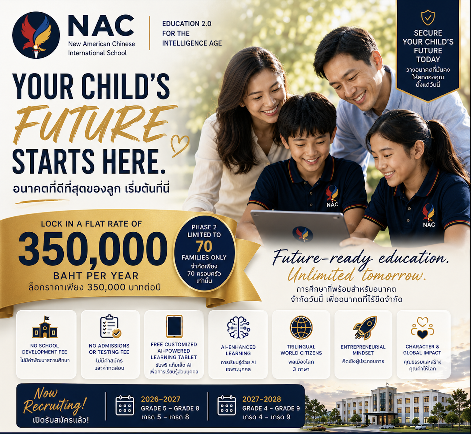 NAC recruitment promotion: your child's future starts here, lock in a flat rate of 350,000 baht per year, Phase 2 limited to 70 families only