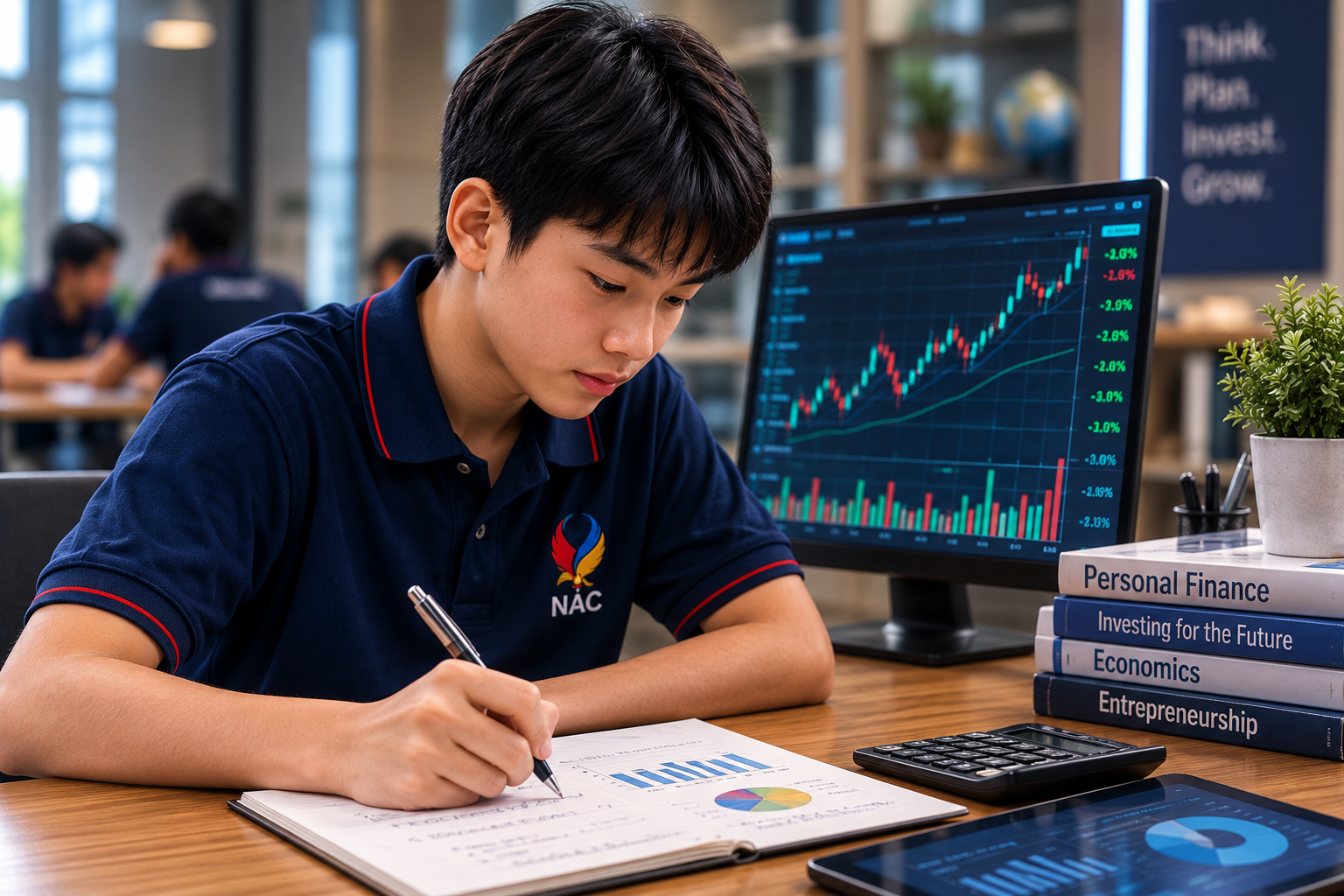 NAC student studying financial literacy with market charts