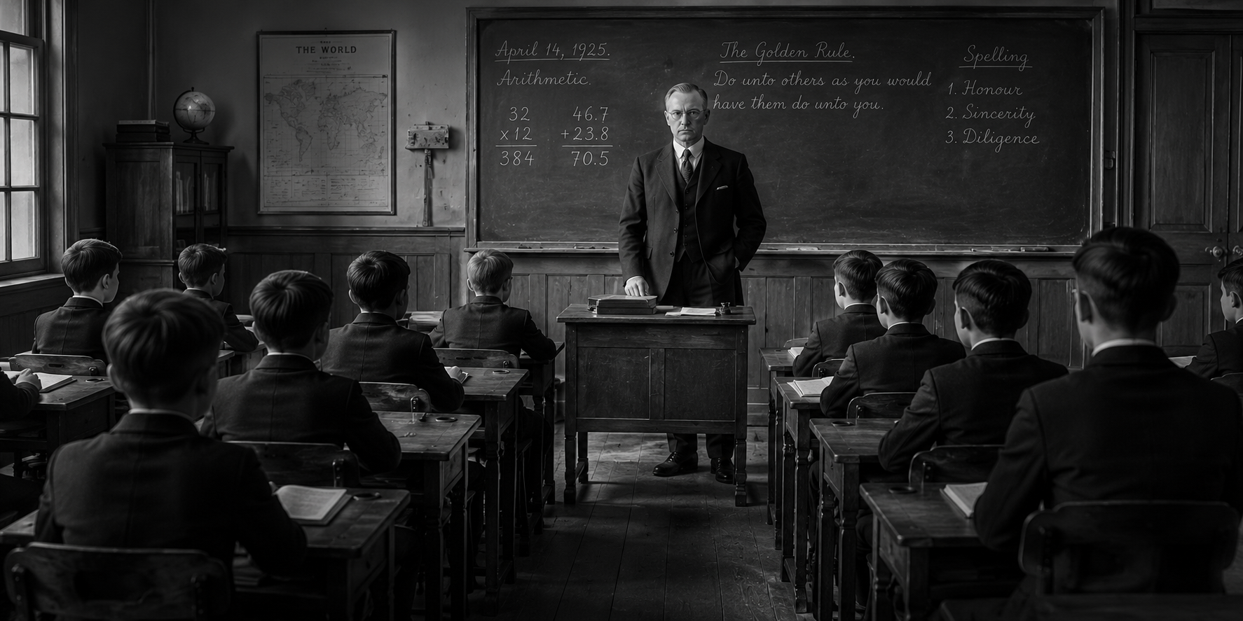 A classroom from 1925 with rows of desks and a teacher lecturing