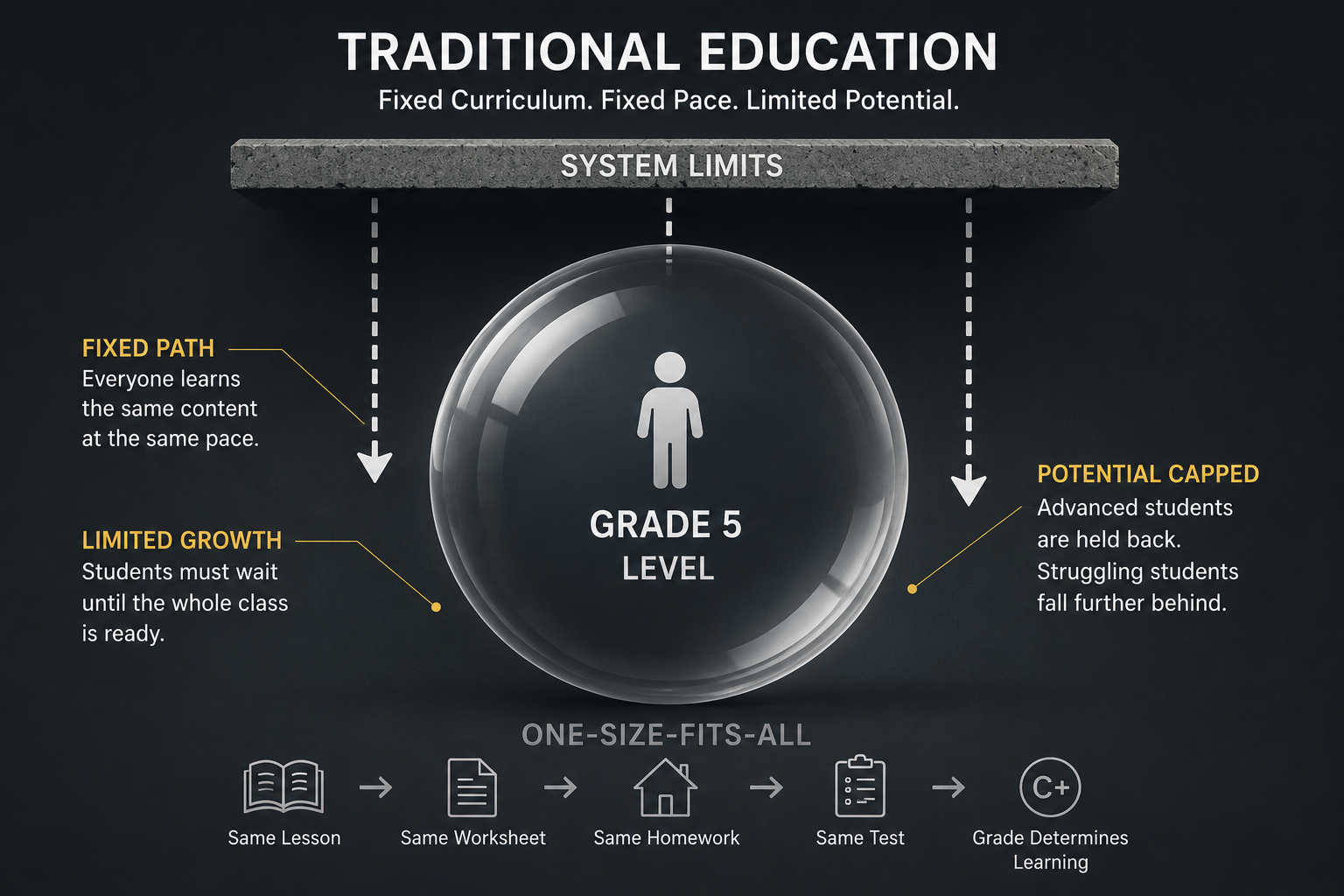 A single student contained in a fixed bubble, representing capped potential in traditional education