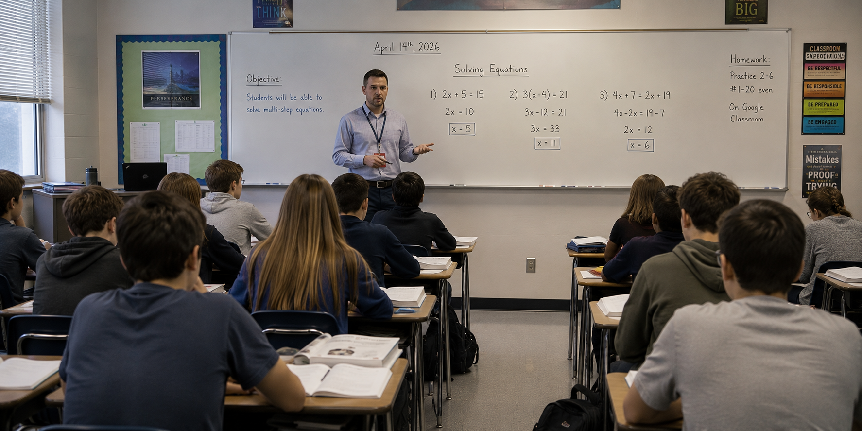 A typical classroom in 2026 with students at desks