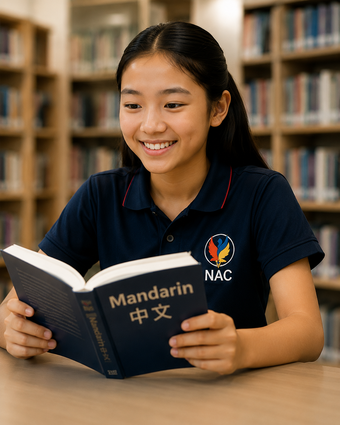 NAC student reading a Mandarin textbook in the library