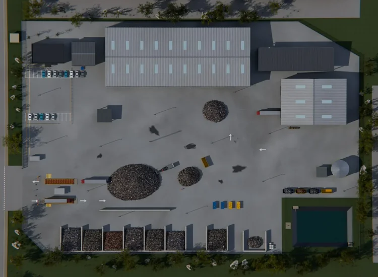 Overhead render showing buildings, storage bays, parking and vehicle routes