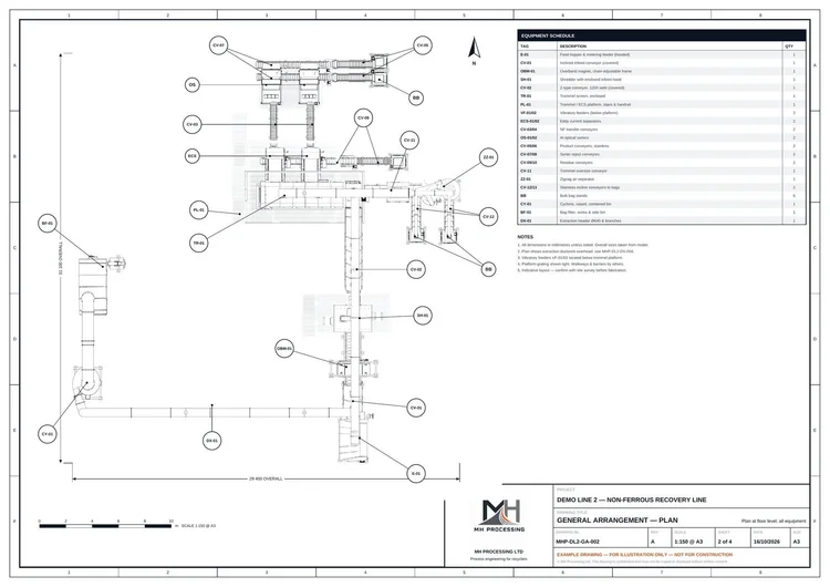 General arrangement plan drawing of a non-ferrous recovery line with equipment schedule