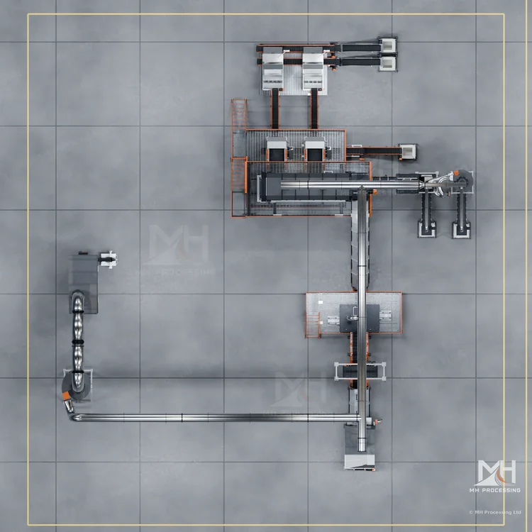 Top-down plan of a processing-line concept with connected equipment and conveyors
