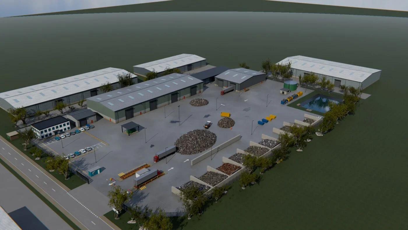 Aerial render of a site layout with processing buildings, storage bays and yard