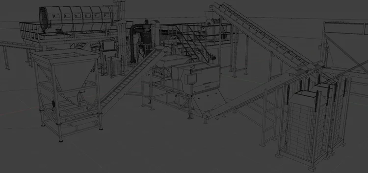 Wireframe view of a processing-line model with equipment, conveyors and platforms