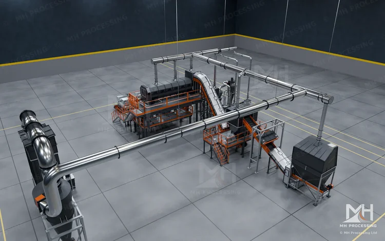 Aerial view of processing equipment, conveyors and ductwork