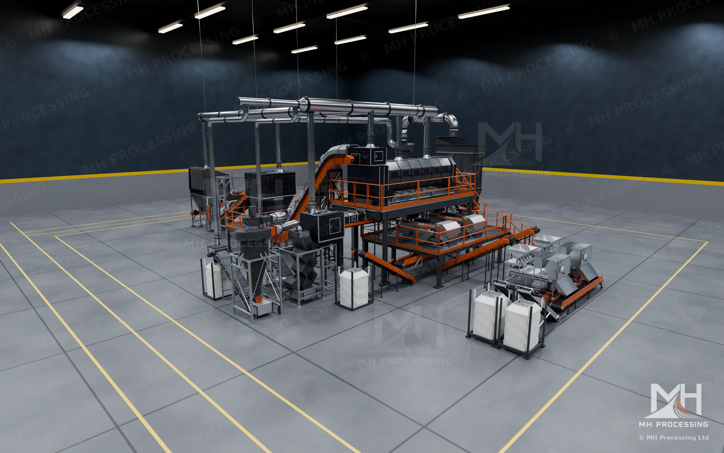 Demonstration processing-line render with connected equipment and ductwork