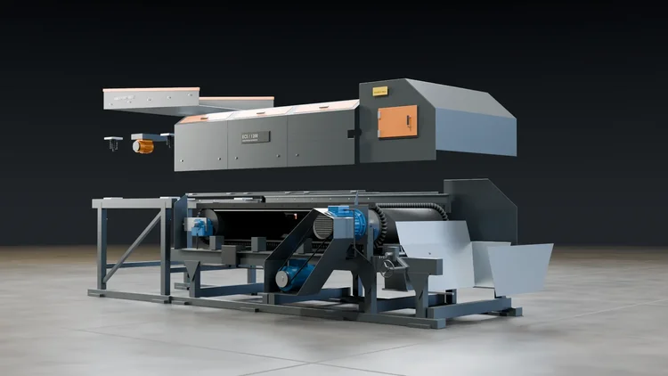 Exploded view of an eddy-current separator with outer panels lifted above the frame