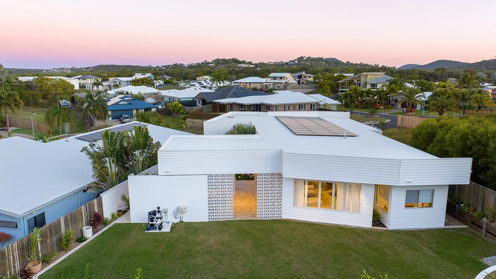 Aerial view of a contemporary Agnes Water residence engineered by Elite