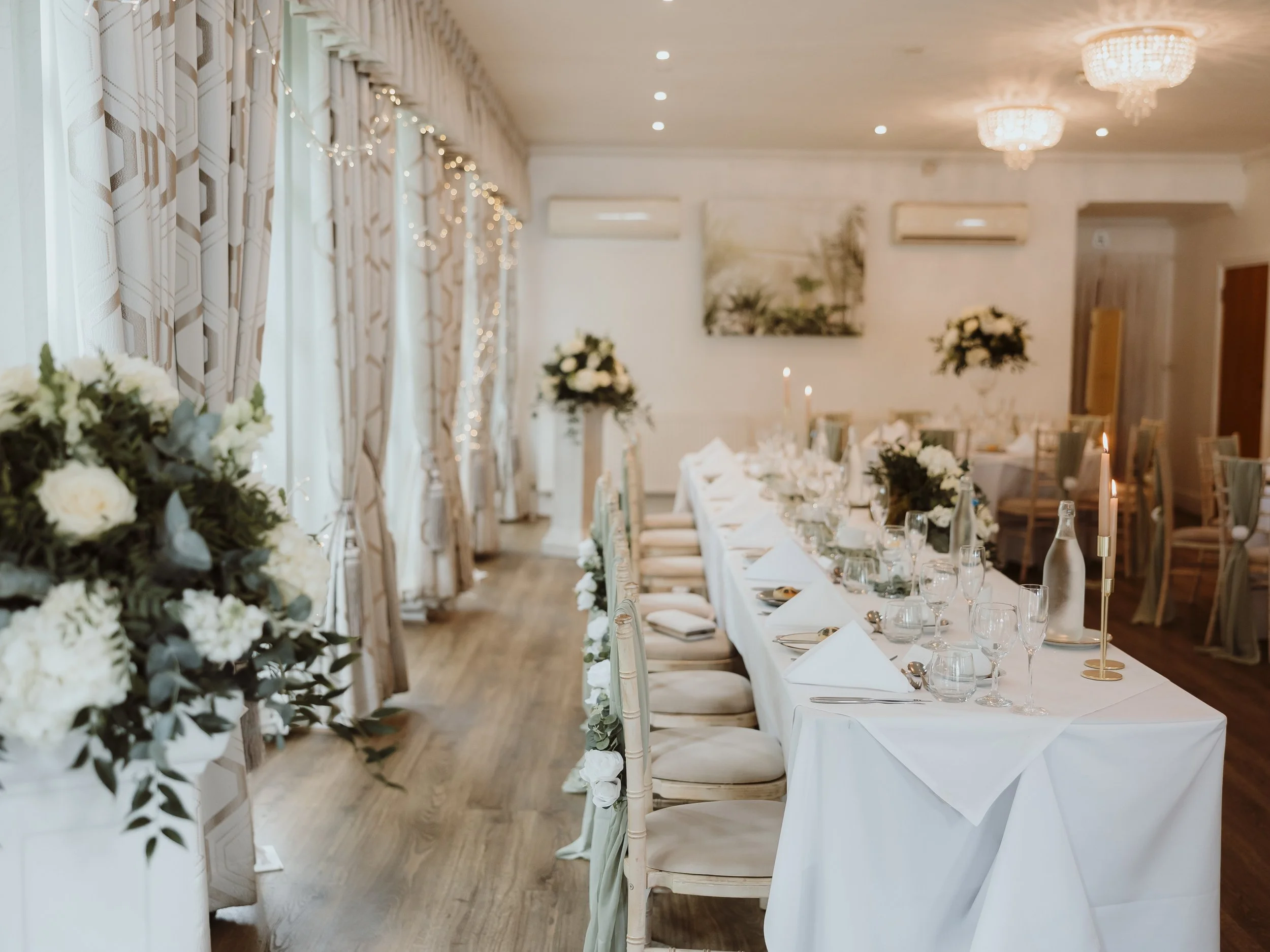 Wedding reception room dressed for a celebration at Norton House Hotel