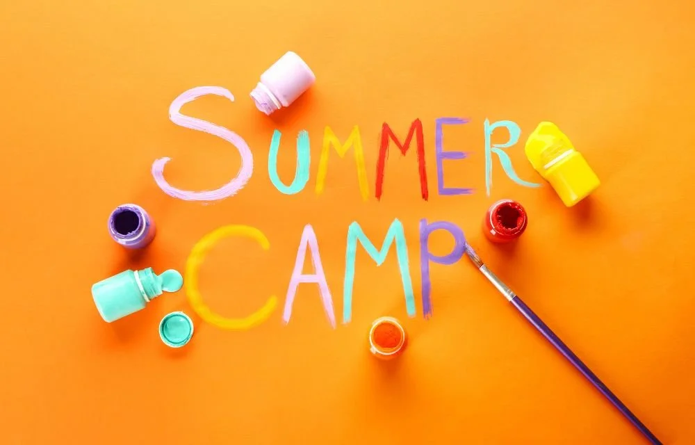 Colorful hand-painted SUMMER CAMP lettering surrounded by paint jars and a brush