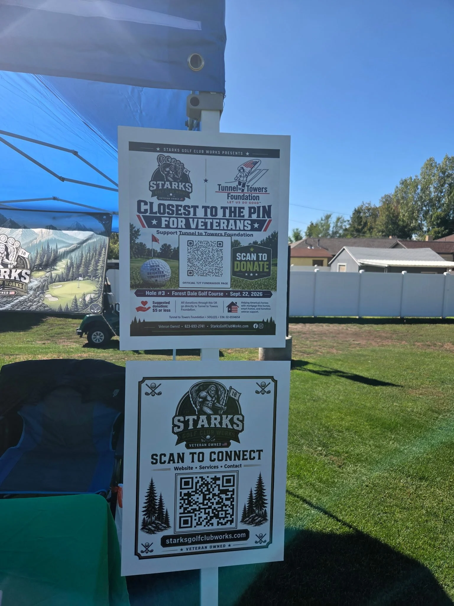 Tunnel to Towers Closest to the Pin for Veterans fundraiser sign at the Starks booth, Forest Dale Golf Course, September 22, 2026.