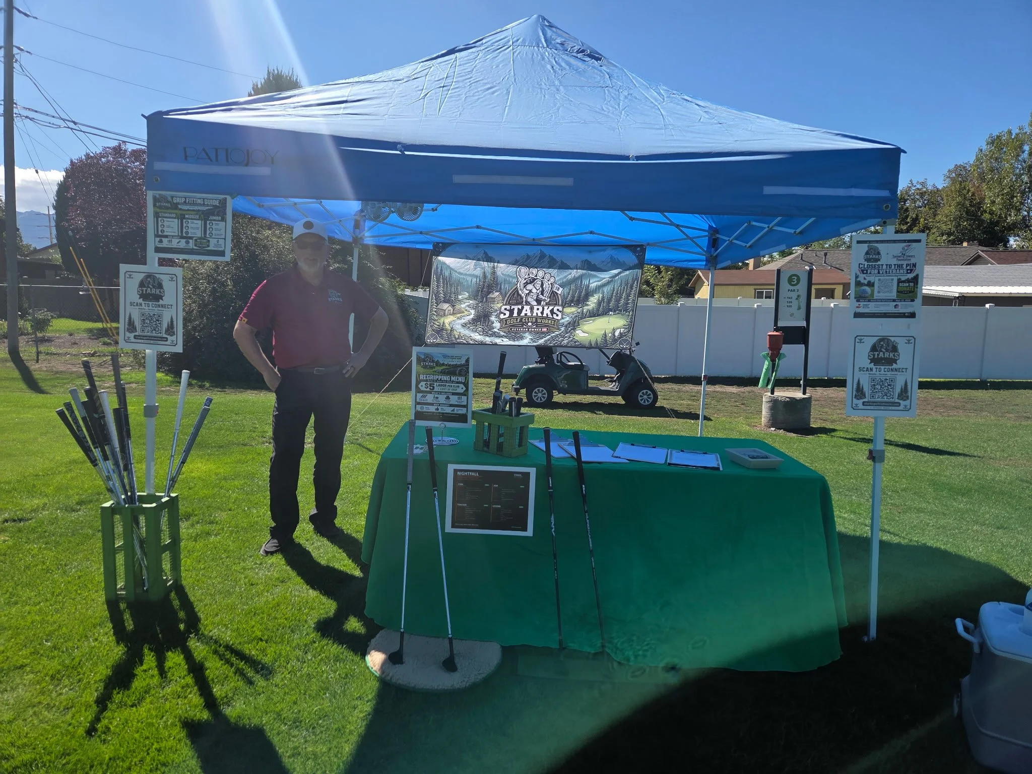 Gary Stark beside the Starks Golf Club Works booth at Forest Dale Golf Course Hole #3 on September 22, 2026.