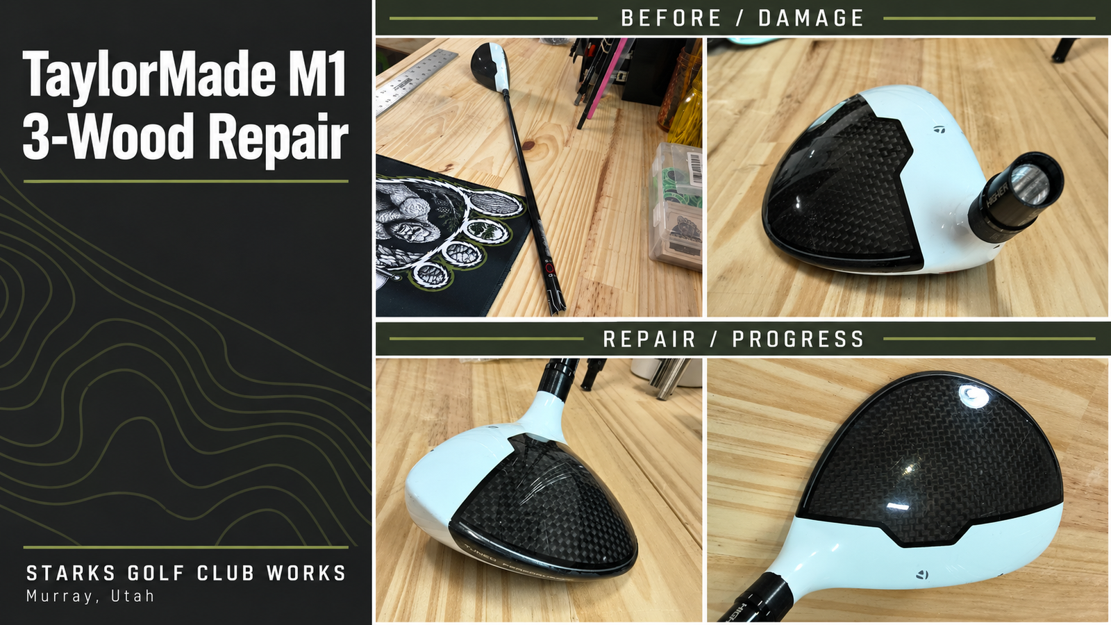 TaylorMade M1 3-wood broken shaft and clubhead repair progress collage by Starks Golf Club Works in Murray, Utah.