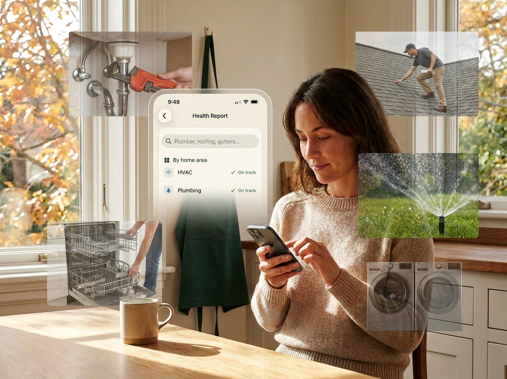 Homeowner reviewing a personalized HomeAtlas maintenance plan on a phone in a sunlit kitchen