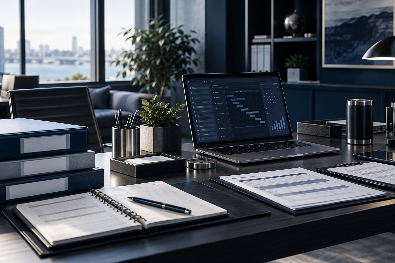Operations support environment with records, scheduling materials, and digital workflow tools.