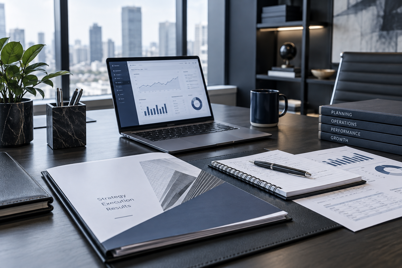 Capability-focused business workspace with organized documents and dashboard tools.