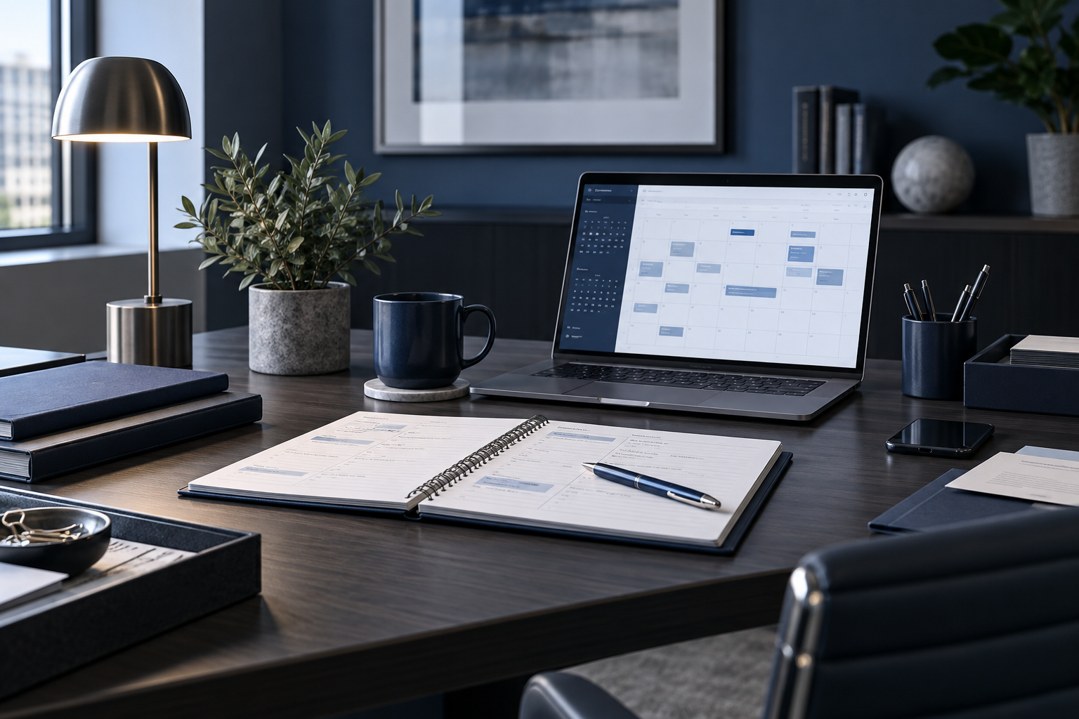 Scheduling and coordination workspace with digital calendar and meeting planning tools.