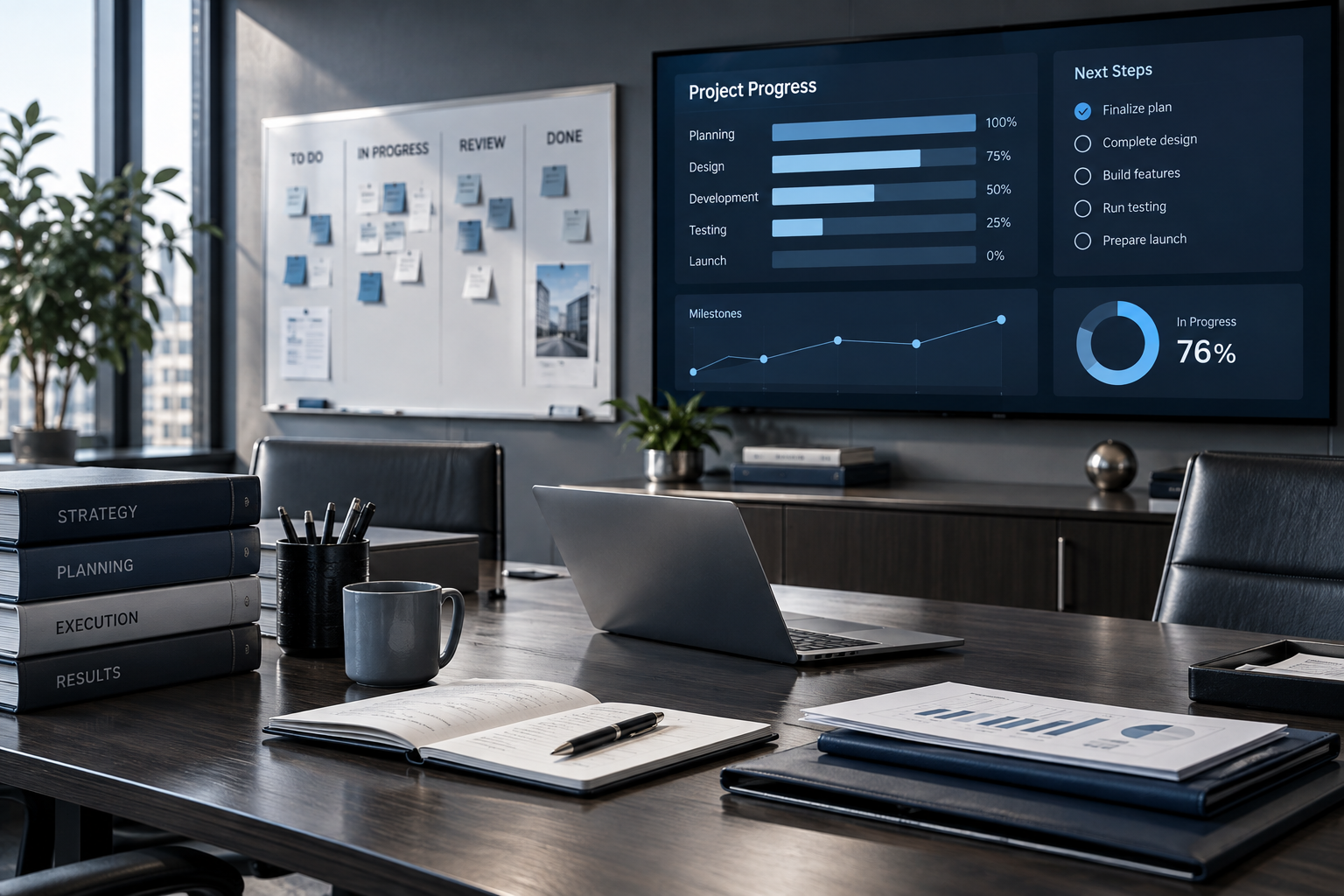 Workflow support environment with task boards, progress tracking, and organized project materials.