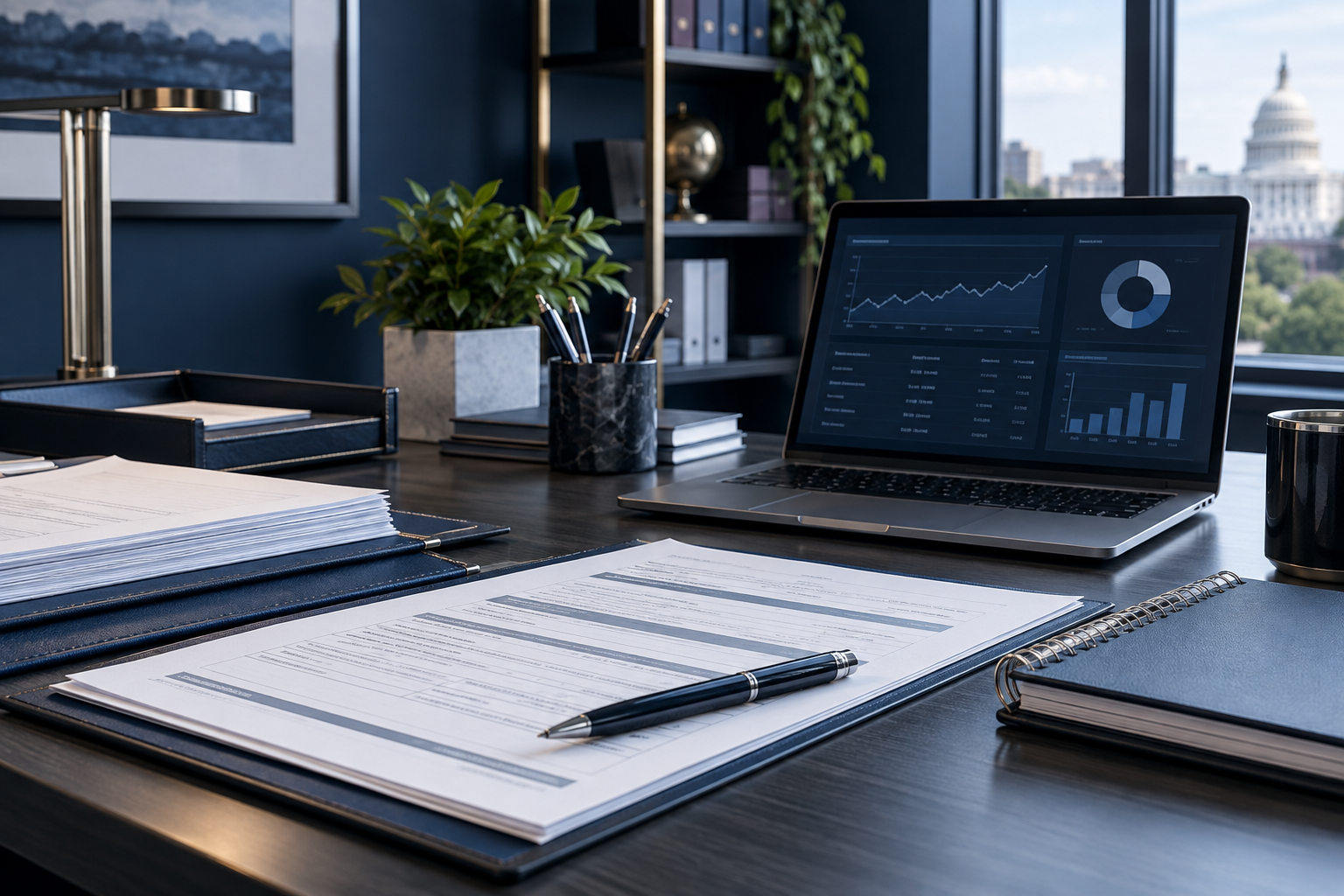 Administrative support workspace with organized forms, laptop, and digital dashboards.