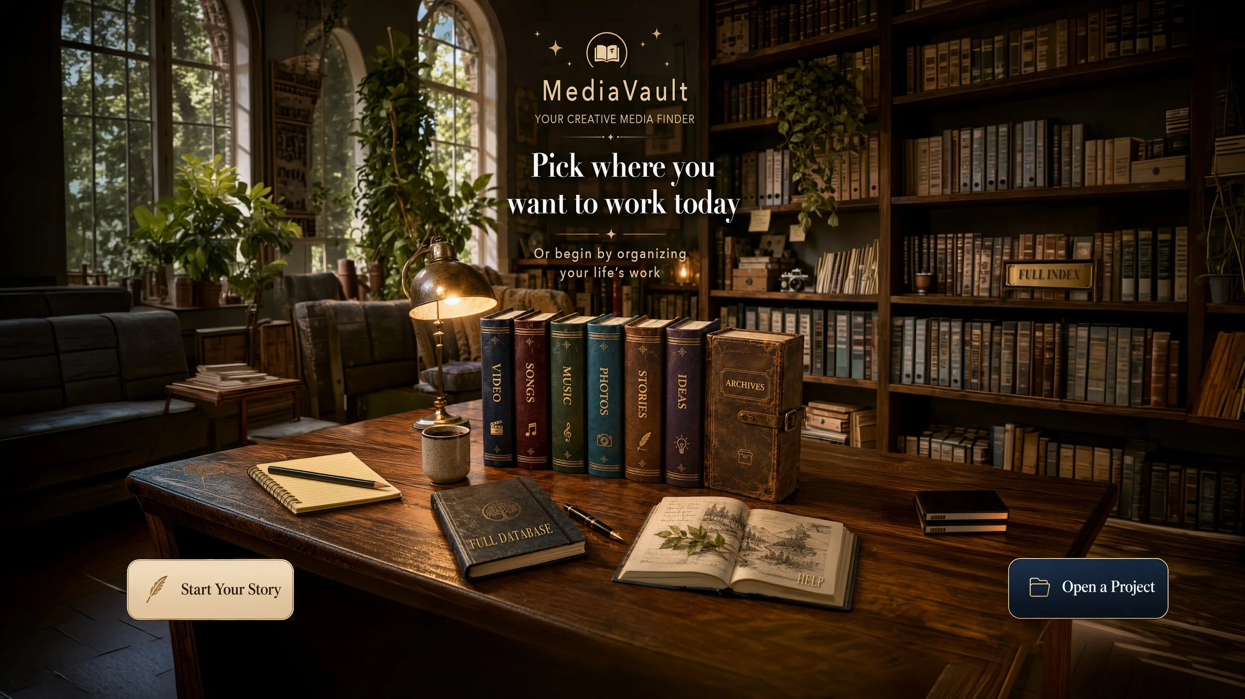 The MediaVault Library — an illustrated study with discipline books on a desk, shelves behind, a yellow to-do notepad, SSD drives, and Start Your Story / Open a Project buttons