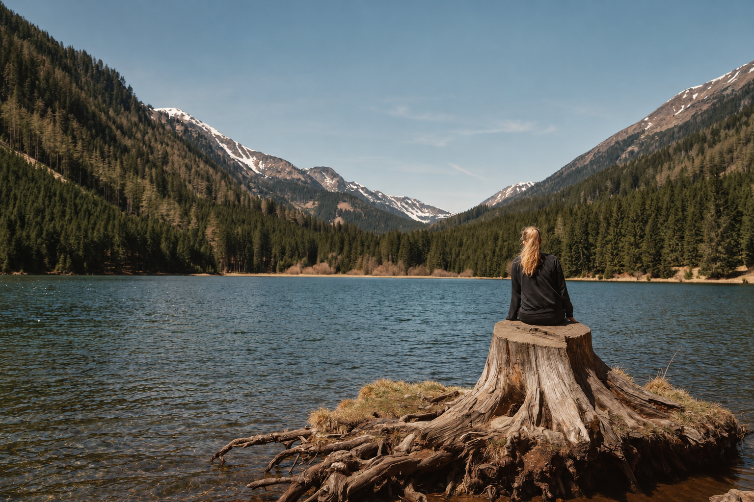 A person sitting beside a mountain lake surrounded by forest.