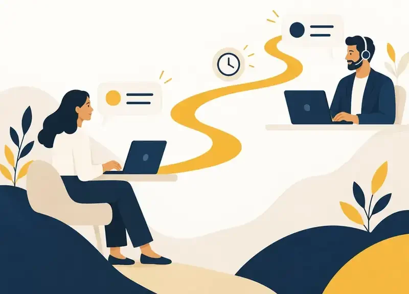 Illustration of two people working remotely, connected by a path