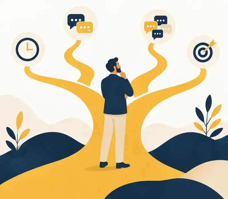 Illustration of a person choosing between several paths