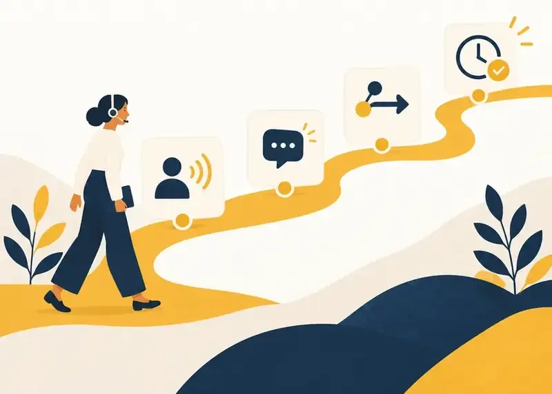 Illustration of a support specialist walking a path of steps