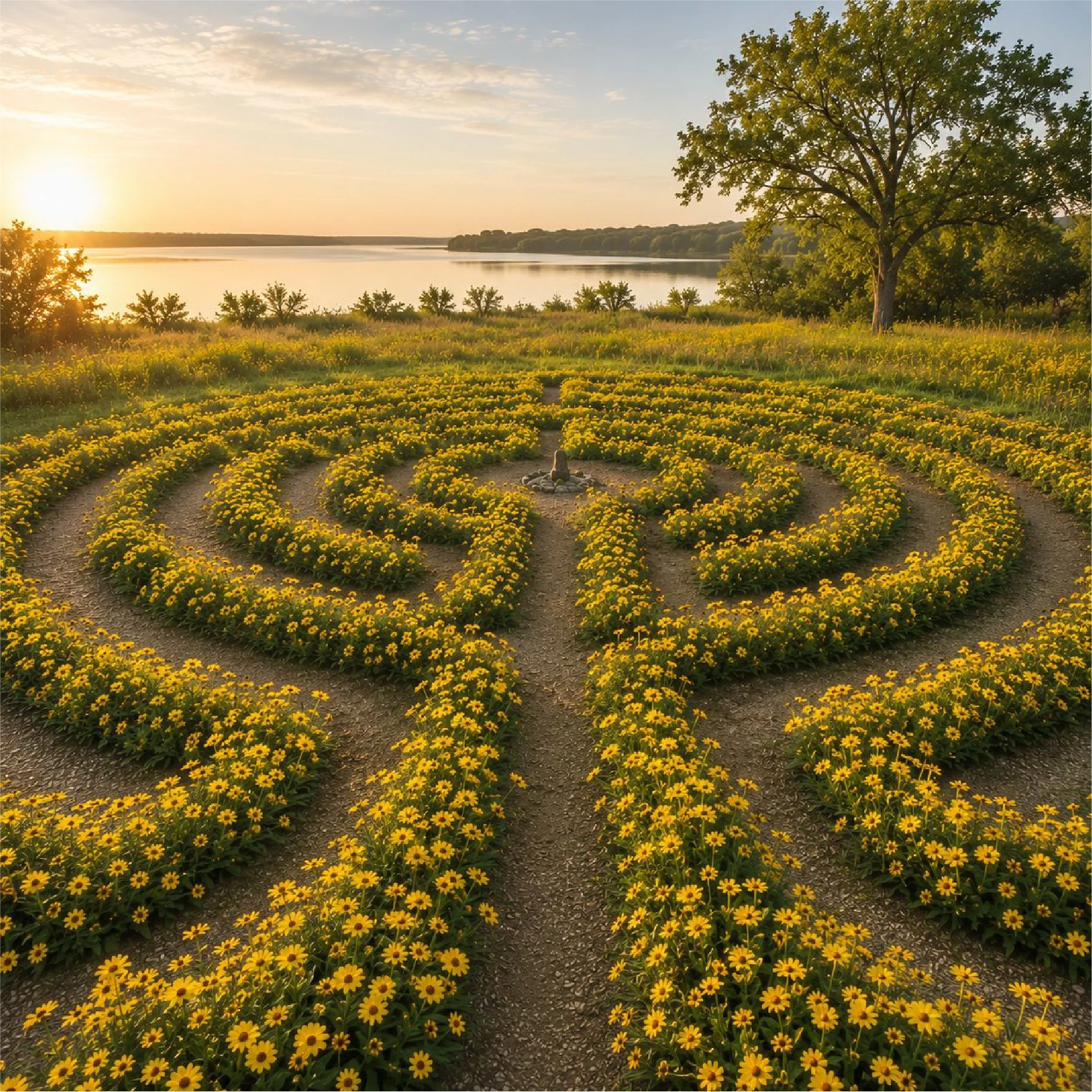 A flower labyrinth beside a lake at sunset