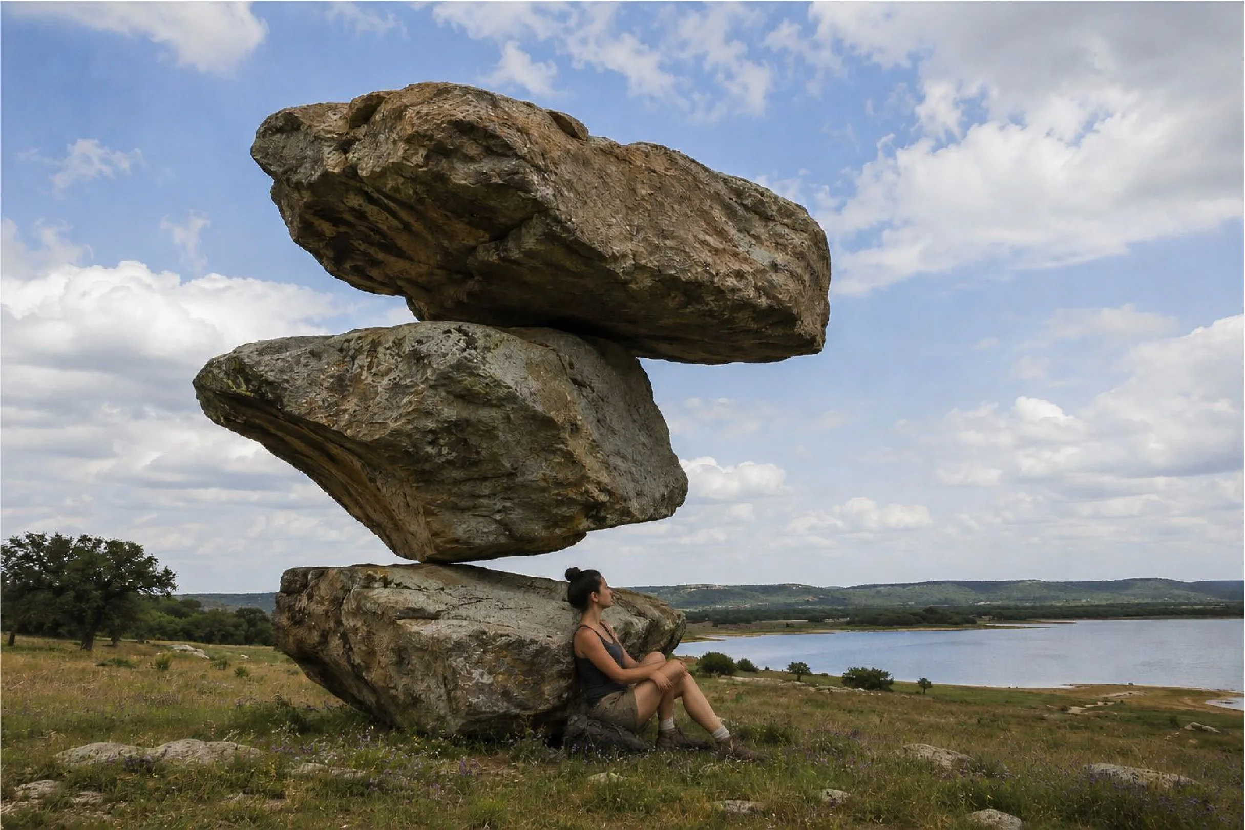 Cantilevered boulders overlooking a lake