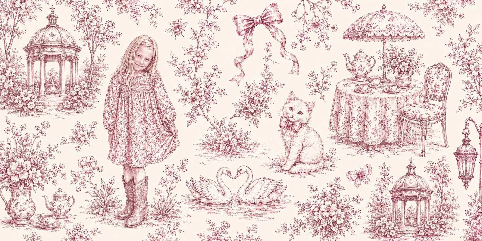 Violet's birthday toile banner: Violet in her party dress and cowboy boots among a gazebo, blossoms, a bow, a kitten, kissing swans, and an umbrella tea table
