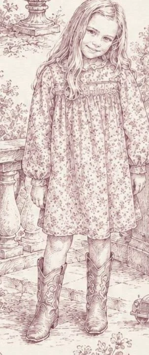 Toile illustration of Violet in her party dress and cowboy boots