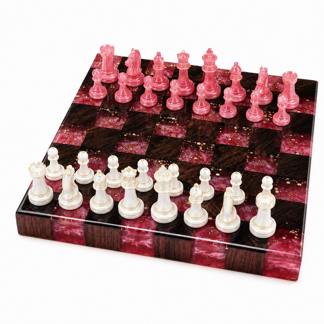 Rose Noir wood and rose epoxy chessboard