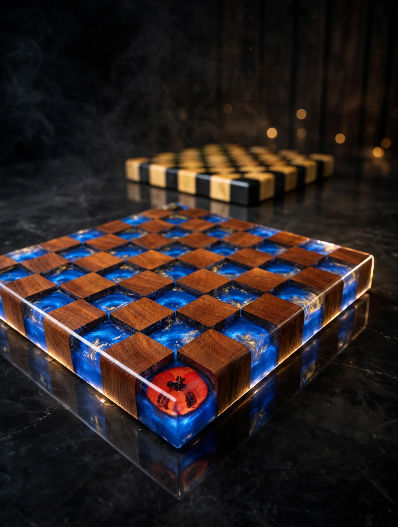 Poppy in Blue walnut and cobalt epoxy chessboard