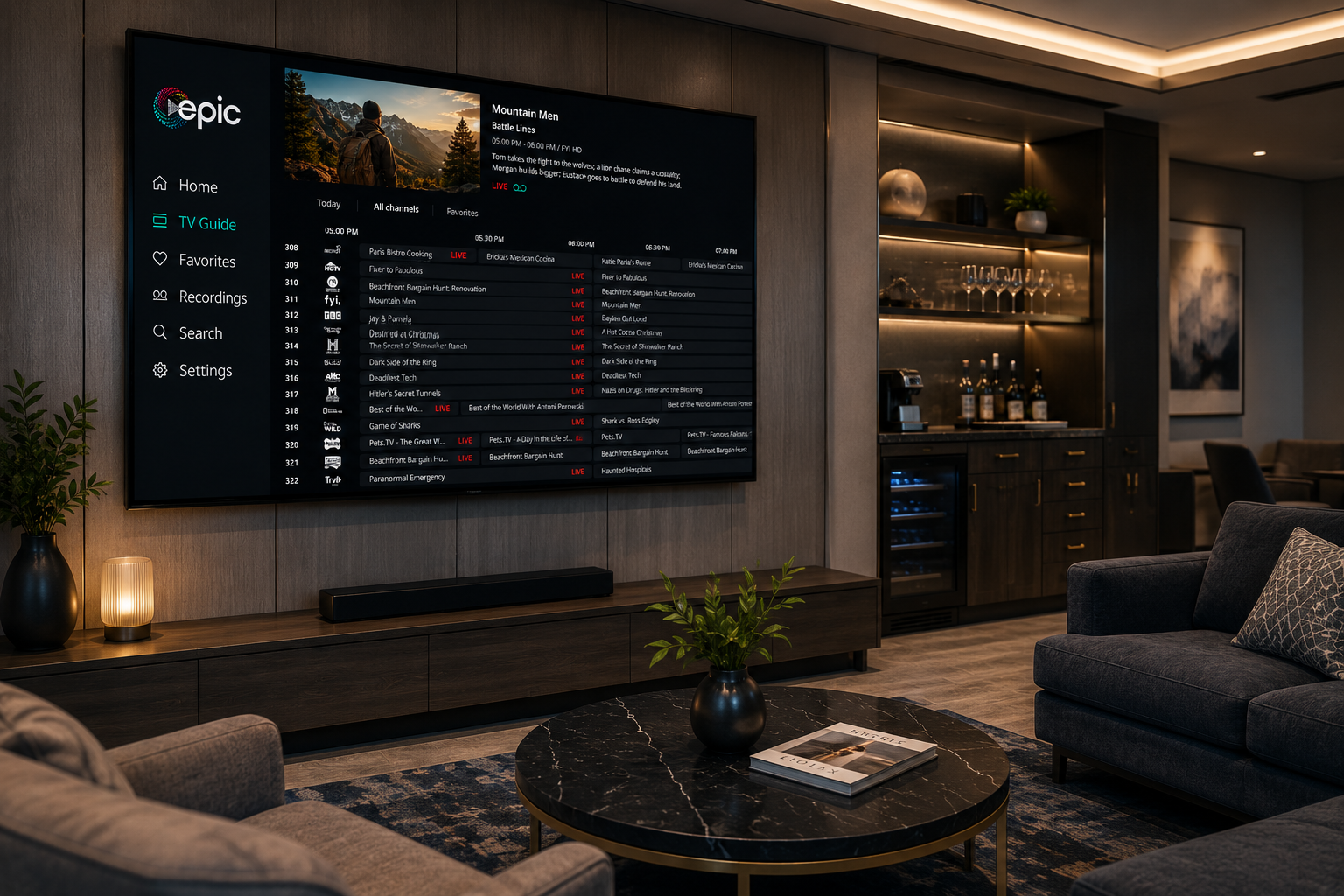 Premium hotel lounge with in-room television