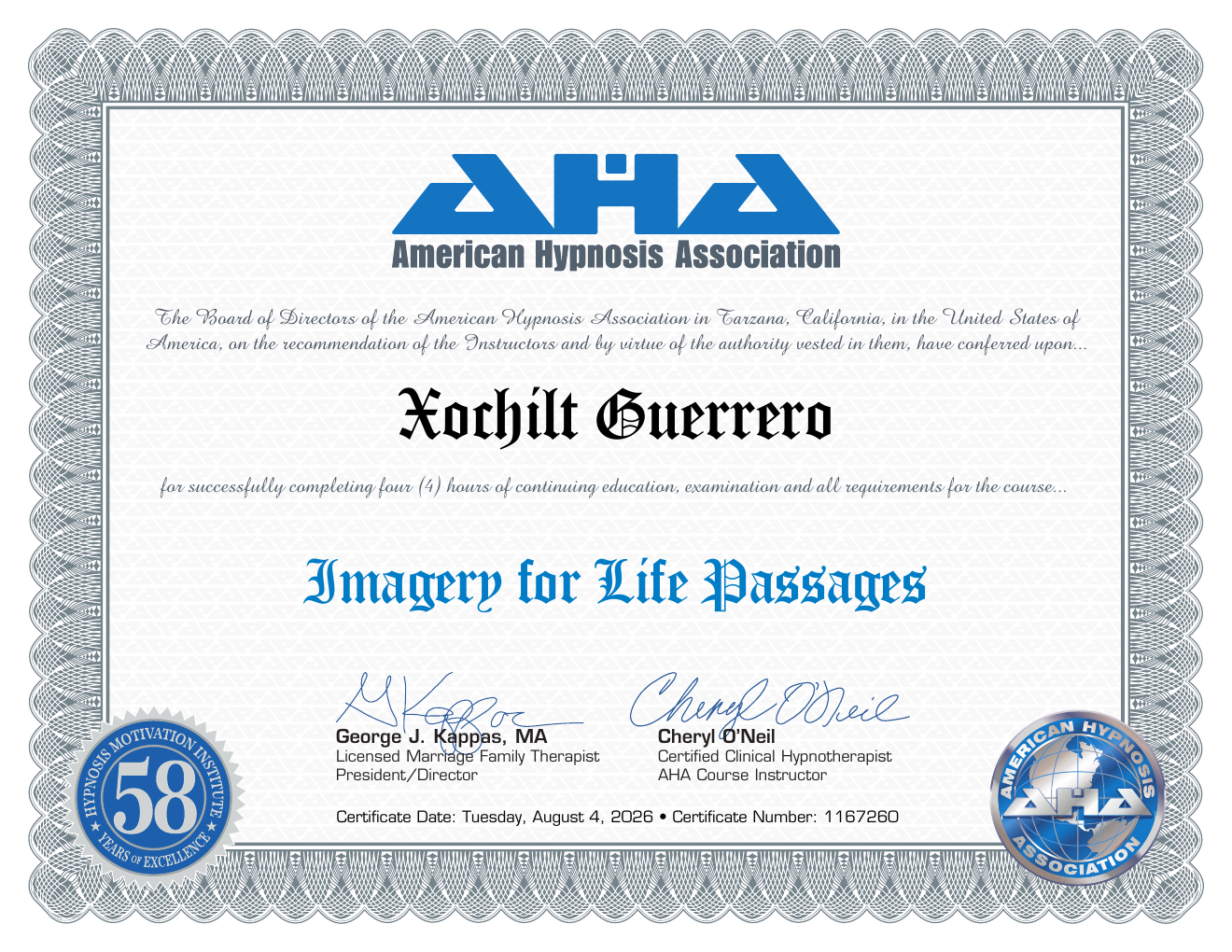 Certificate: Imagery for Life Passages — Xochilt Guerrero