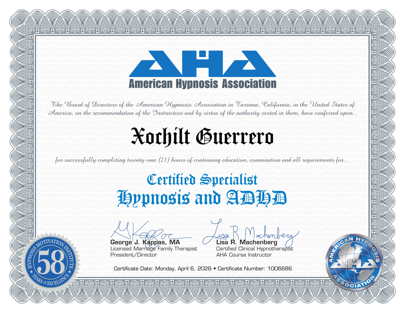 Certificate: Hypnosis and ADHD — Xochilt Guerrero