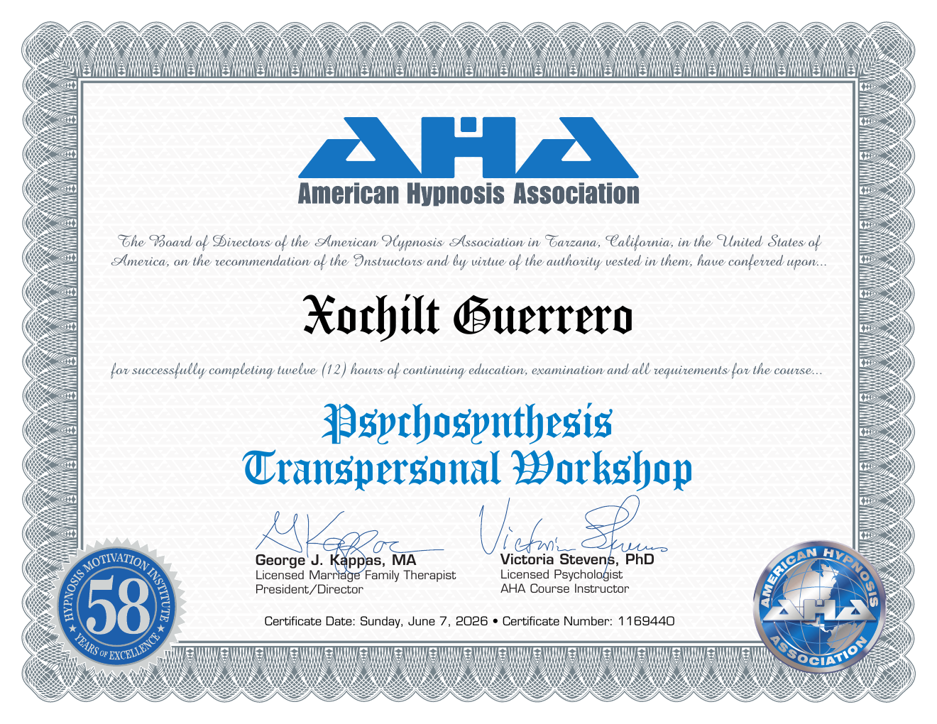 Certificate: Psychosynthesis Transpersonal Workshop — Xochilt Guerrero