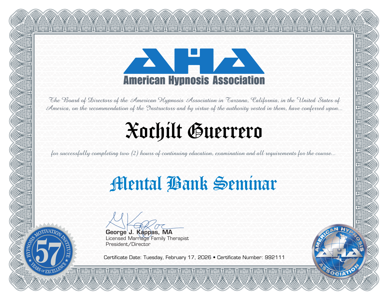 Certificate: Mental Bank Seminar — Xochilt Guerrero