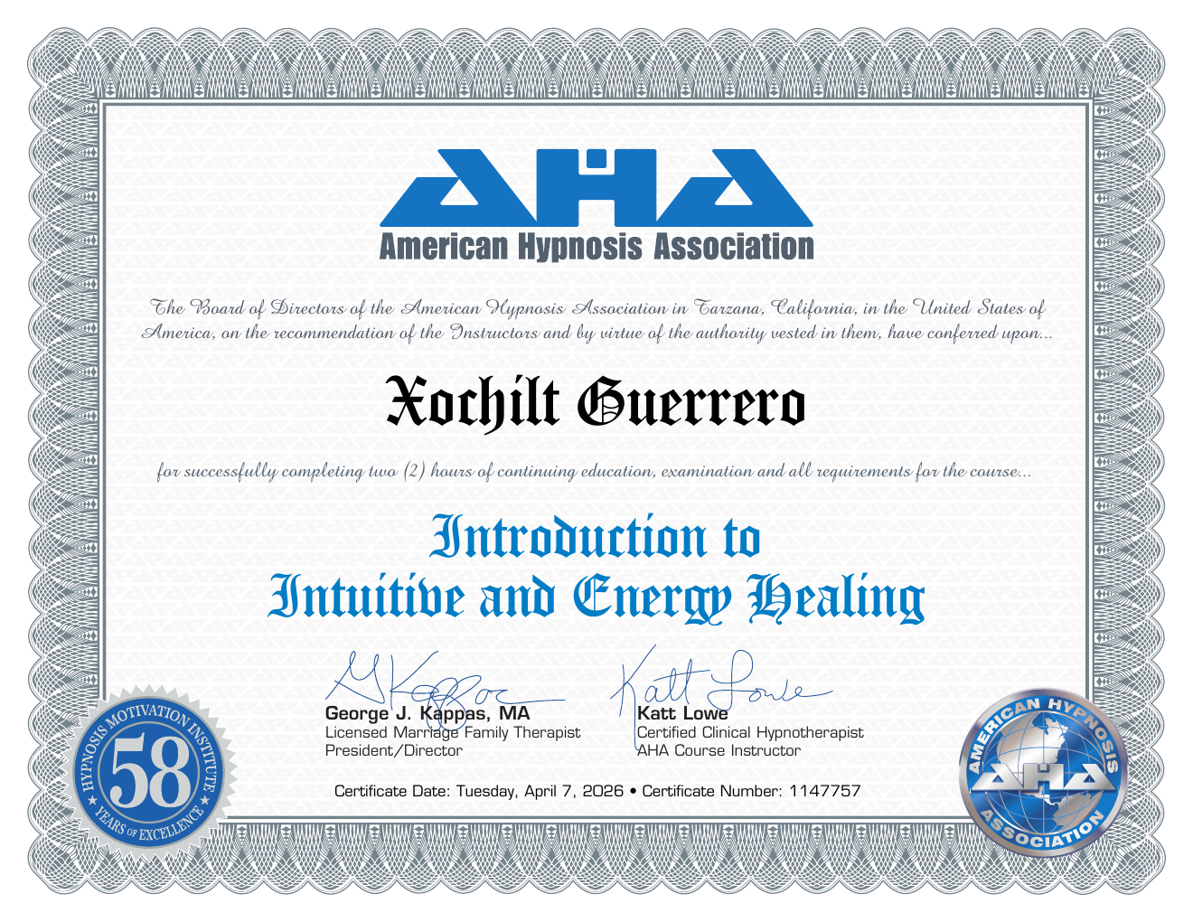 Certificate: Introduction to Intuitive and Energy Healing — Xochilt Guerrero