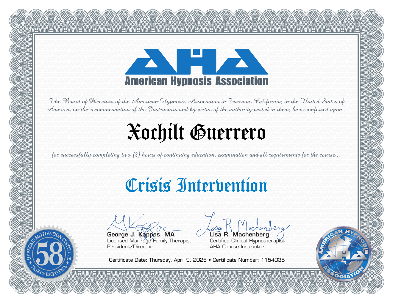 Certificate: Crisis Intervention — Xochilt Guerrero